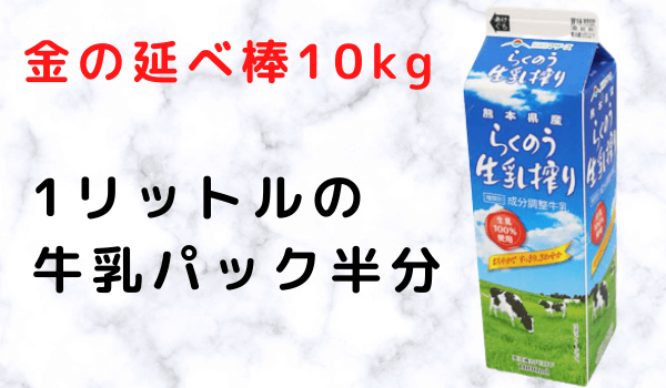 金の延べ棒10kgの大きさ1リットルの牛乳バック半分